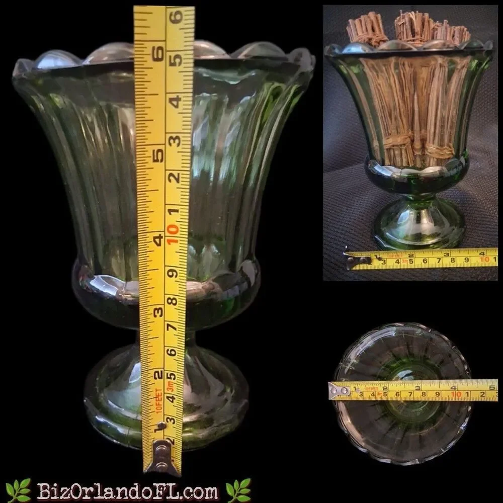 VINTAGE: Indiana Glass Avocado Green Fluted Pedestal Vase with Scalloped Edge